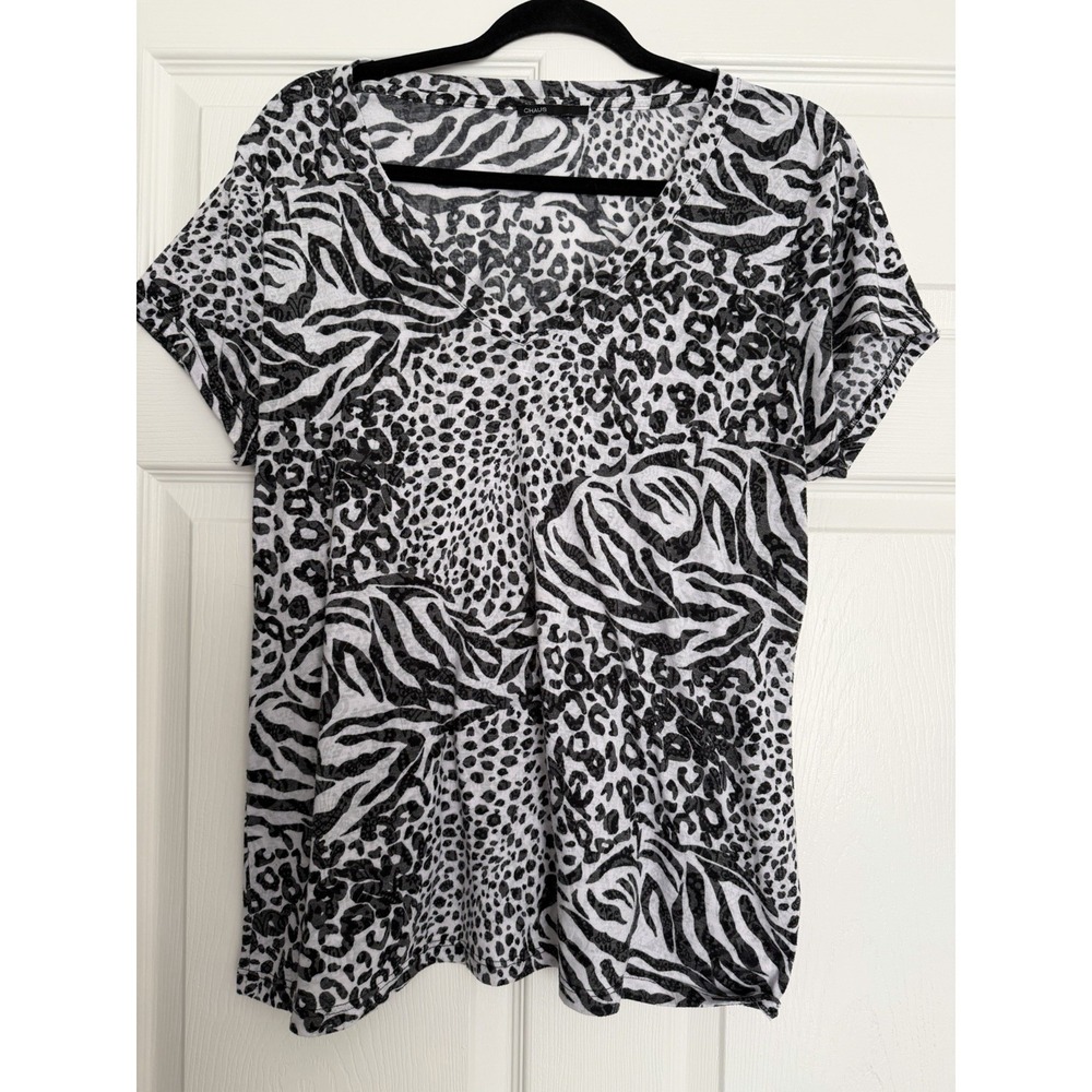 Chaus Mixed Animal Print V-Neck Top Black White‎ Zebra Leopard Large